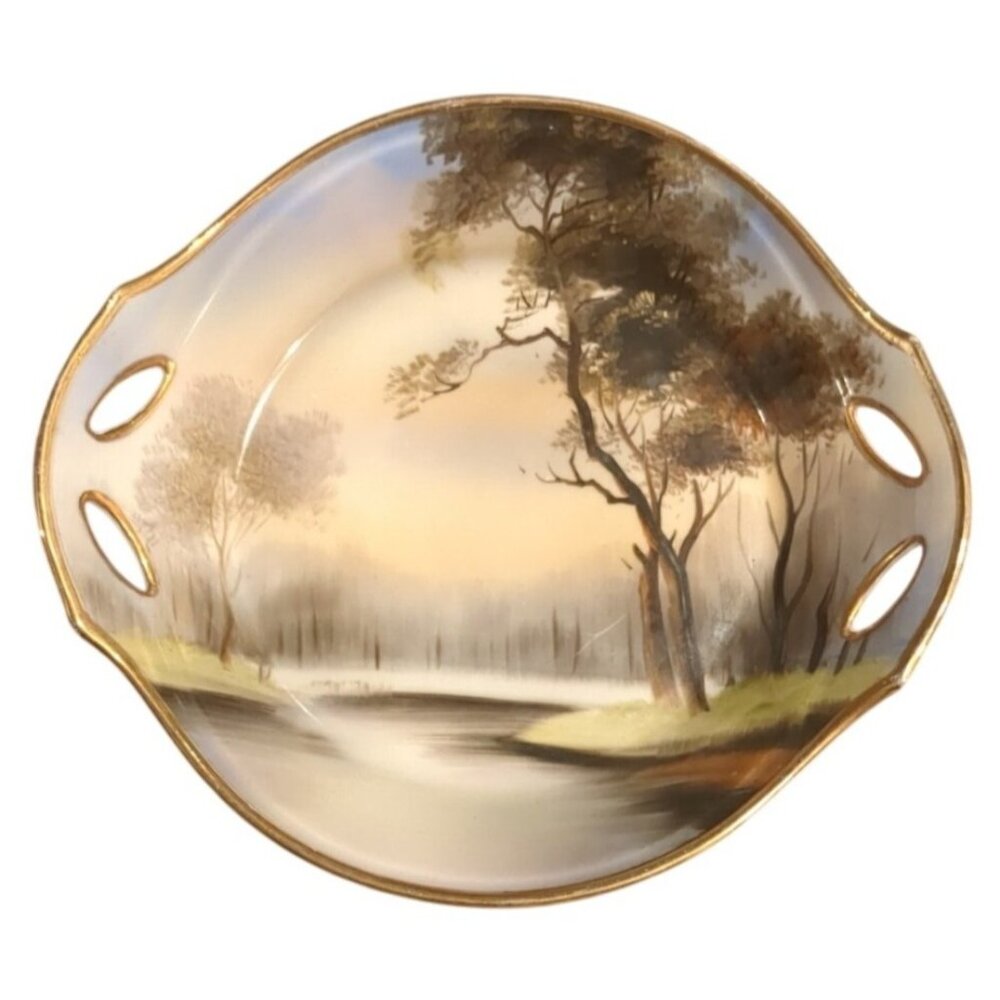 Antique Noritake Morimura Hand Painted Handled Candy Dish Bowl 7in Japan Gold - Picture 7 of 14